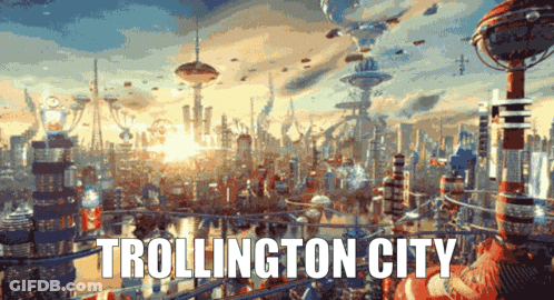 A Futuristic City With The Words Trollington City Written On It GIF