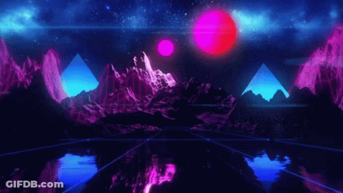 A Futuristic Landscape With Mountains , Pyramids And Planets In The Background . GIF