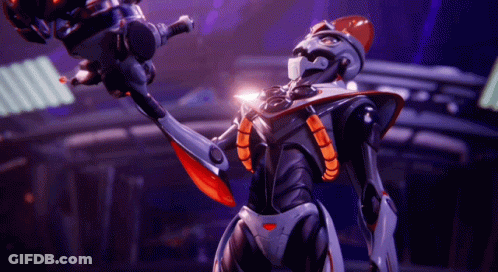 A Futuristic Robot With A Purple Background Is Holding A Gun GIF