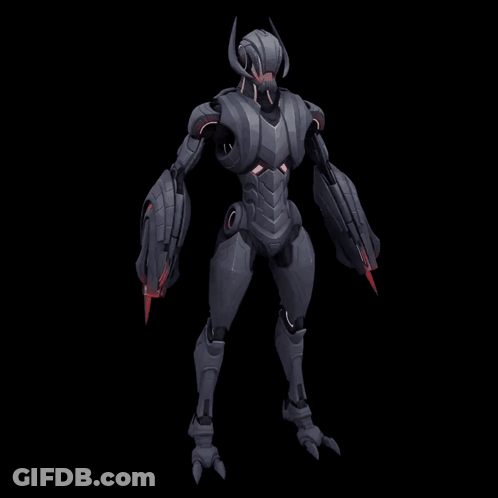 A Futuristic Robot With Horns And A Red Light On Its Arms GIF