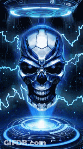 A Futuristic Skull With Lightning Coming Out Of It 'S Eyes GIF