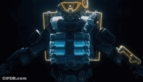 A Futuristic Soldier With A Glowing Helmet And A Glowing Vest GIF