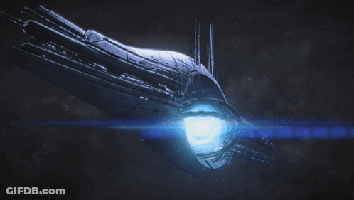 A Futuristic Space Ship With A Blue Light Coming Out Of It 'S Engine GIF