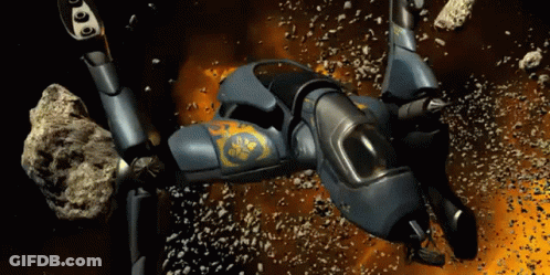 A Futuristic Space Ship With A Gold Emblem On It GIF