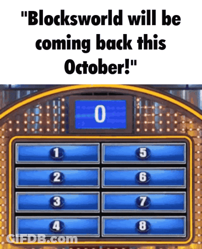 A Game Board With The Words " Blockworld Will Be Coming Back This October " GIF
