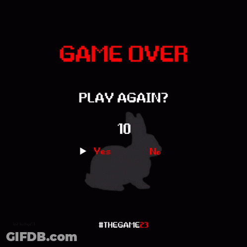 A Game Over Screen With A Rabbit And The Words " Play Again " GIF