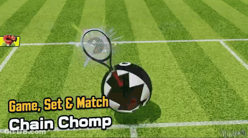 A Game That Says Game Set & Match Chain Chomp On It GIF