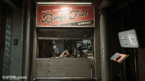 A Garage With A Sign That Says Bingo Fuel On It GIF