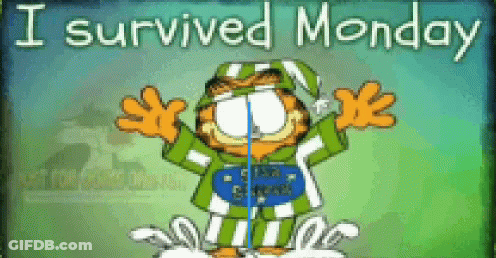 A Garfield Cartoon Says I Survived Monday With His Arms Outstretched GIF