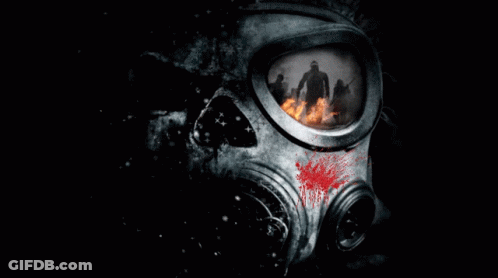 A Gas Mask With A Picture Of A Group Of People Behind It GIF