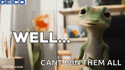 A Geico Ad Shows A Lizard With The Words Well Cant Win Them All GIF