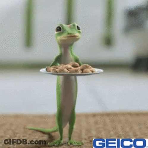 A Geico Lizard Holding A Plate Of Cookies On Its Head GIF