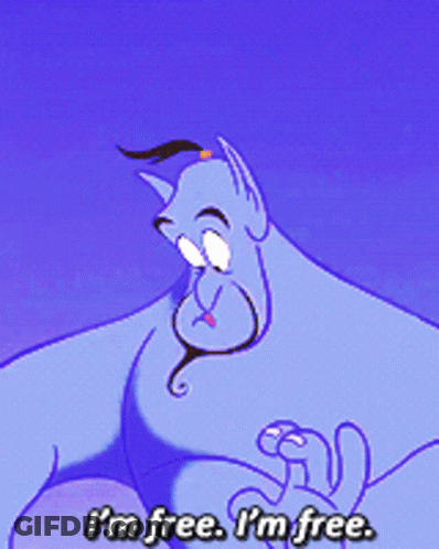 A Genie From Aladdin Is Holding A Lamp And Saying I 'M Free I 'M Free GIF