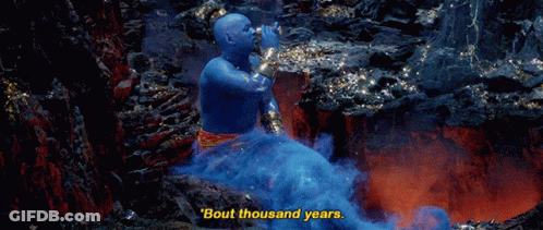 A Genie Says " Bout Thousand Years " While Sitting On A Rock GIF