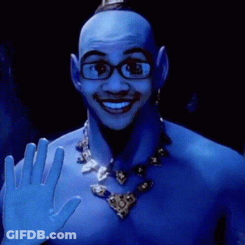 A Genie Wearing Glasses And A Necklace Is Waving His Hand GIF