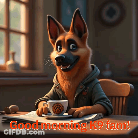 A German Shepherd Sitting At A Table With A Cup Of Coffee And A Newspaper GIF