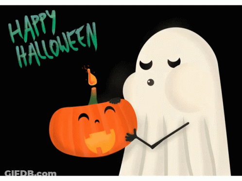 A Ghost Holding A Pumpkin With The Words Happy Halloween Written On The Bottom GIF