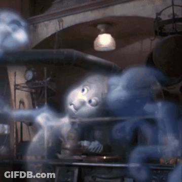 A Ghost Is Standing In A Room With A Clock On The Wall GIF