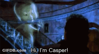 A Ghost Is Talking To A Man In A Dark Room And Says `` Hi , I 'M Casper '' . GIF