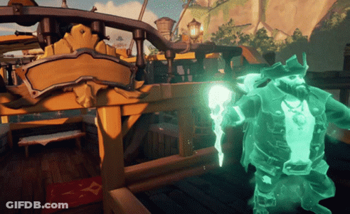 A Ghost Of A Man With A Beard Is Standing On A Wooden Deck GIF