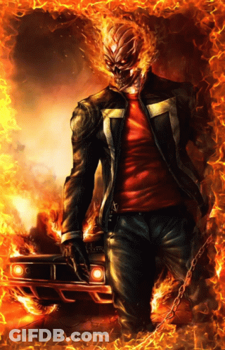 A Ghost Rider Holding A Burning Car In His Hand GIF