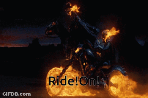 A Ghost Rider Is Riding A Burning Horse With The Words Ride On Written Below Him GIF