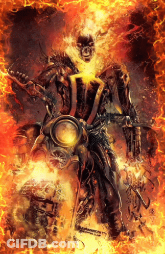 A Ghost Rider Is Riding A Motorcycle In The Flames GIF