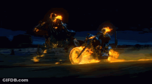 A Ghost Rider Is Riding A Motorcycle Next To A Horse GIF