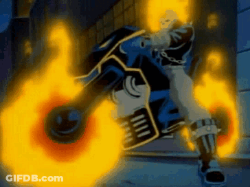 A Ghost Rider Is Riding A Motorcycle With Flames Coming Out Of It GIF