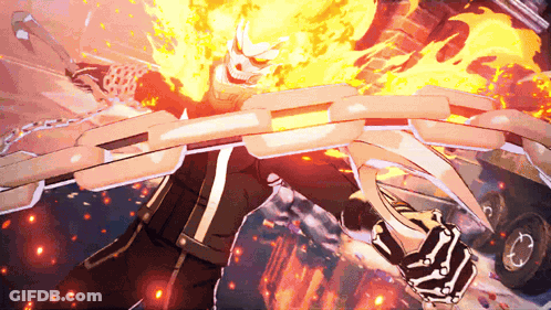 A Ghost Rider With A Chain Around His Neck Is Holding A Sword GIF