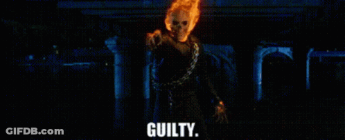 A Ghost Rider With A Chain Around His Neck Is Pointing At The Camera And Saying Guilty . GIF