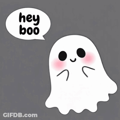 A Ghost Says Hey Boo In A Speech Bubble GIF