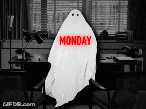 A Ghost Sitting At A Desk With Monday Written On It GIF