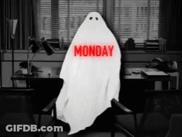 A Ghost Sitting In A Chair With Monday Written On It GIF