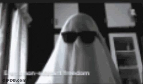 A Ghost Wearing Sunglasses And A Sheet Is Standing In A Room . GIF