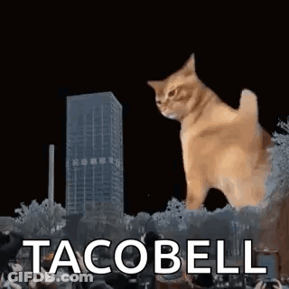 A Giant Cat Is Standing On Top Of A Crowd Of People In Front Of A Building . GIF