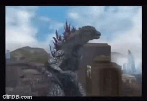 A Giant Monster Is Standing On Top Of A Building . GIF