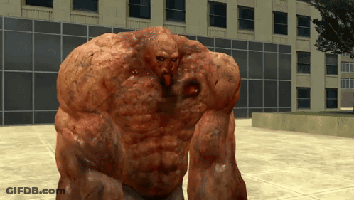 A Giant Monster With A Hole In His Chest Is Standing In Front Of A Building GIF
