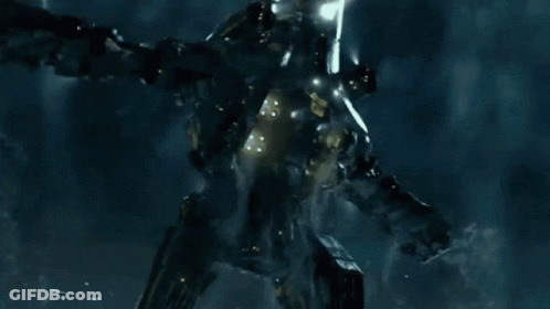 A Giant Robot Is Flying Through The Air In A Dark Sky . GIF