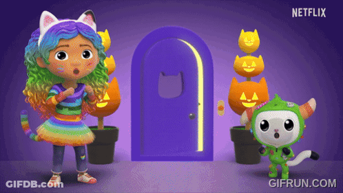A Gif From Netflix Shows A Girl And A Cat Standing In Front Of A Purple Door GIF