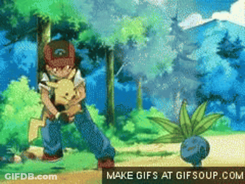 A Gif Of A Boy Holding A Pikachu And A Plant With The Words Make Gifs At Gifsoup.com GIF