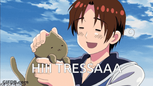 A Gif Of A Boy Petting A Cat With The Words Hhh Tressaaa GIF