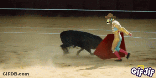 A Gif Of A Bull Being Slaughtered By A Matador With Gif-Jif Written On The Bottom GIF