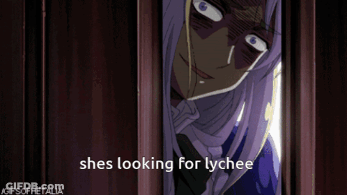 A Gif Of A Girl Looking Out Of A Door With The Caption She 'S Looking For Lychee GIF