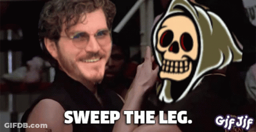A Gif Of A Man And A Grim Reaper With The Words Sweep The Leg On The Bottom GIF
