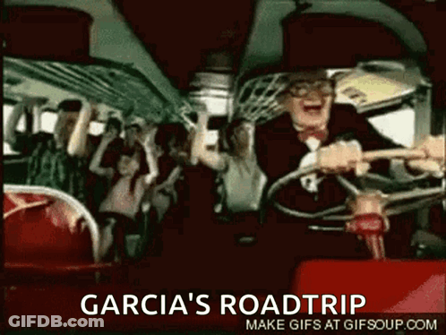 A Gif Of A Man Driving A Bus With The Words Garcia 'S Roadtrip On The Bottom GIF