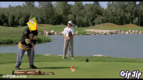 A Gif Of A Man Hitting A Golf Ball With A Spongebob Face On It GIF