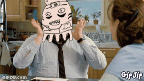 A Gif Of A Man With A Drawing Of A Monster On His Head GIF