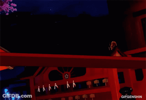 A Gif Of A Person Holding A Sword In Front Of A Building GIF