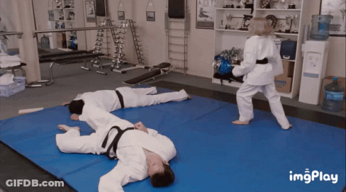 A Gif Of A Woman Kicking A Man On A Blue Mat With Imgplay Written On The Bottom GIF